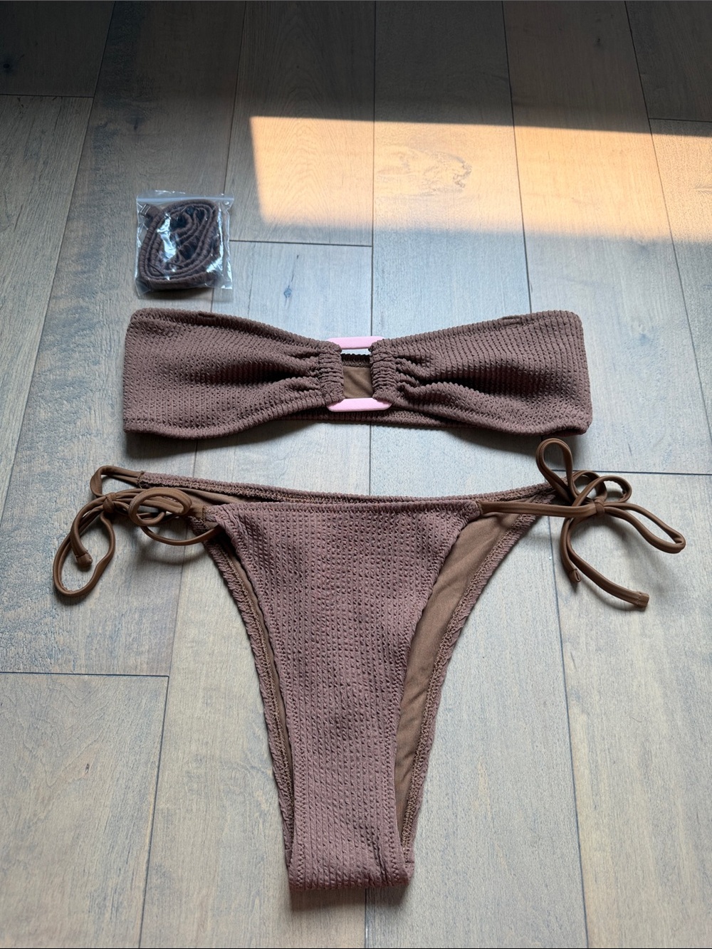 Aerie Brown Textured Bandeau Tie-Side Bikini - with strap attachments
